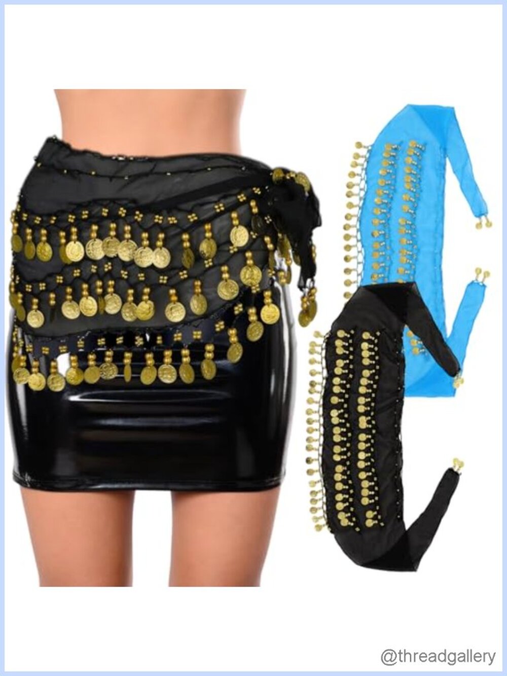 Set of 2 Belly Dance Hip Scarves with Sequin Coins, Lightweight Chiffon,